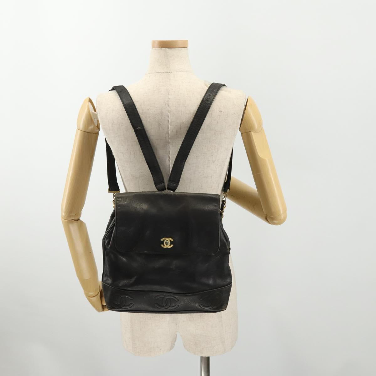 CHANEL Backpack Caviar Skin Black Silver CC Auth BA12657