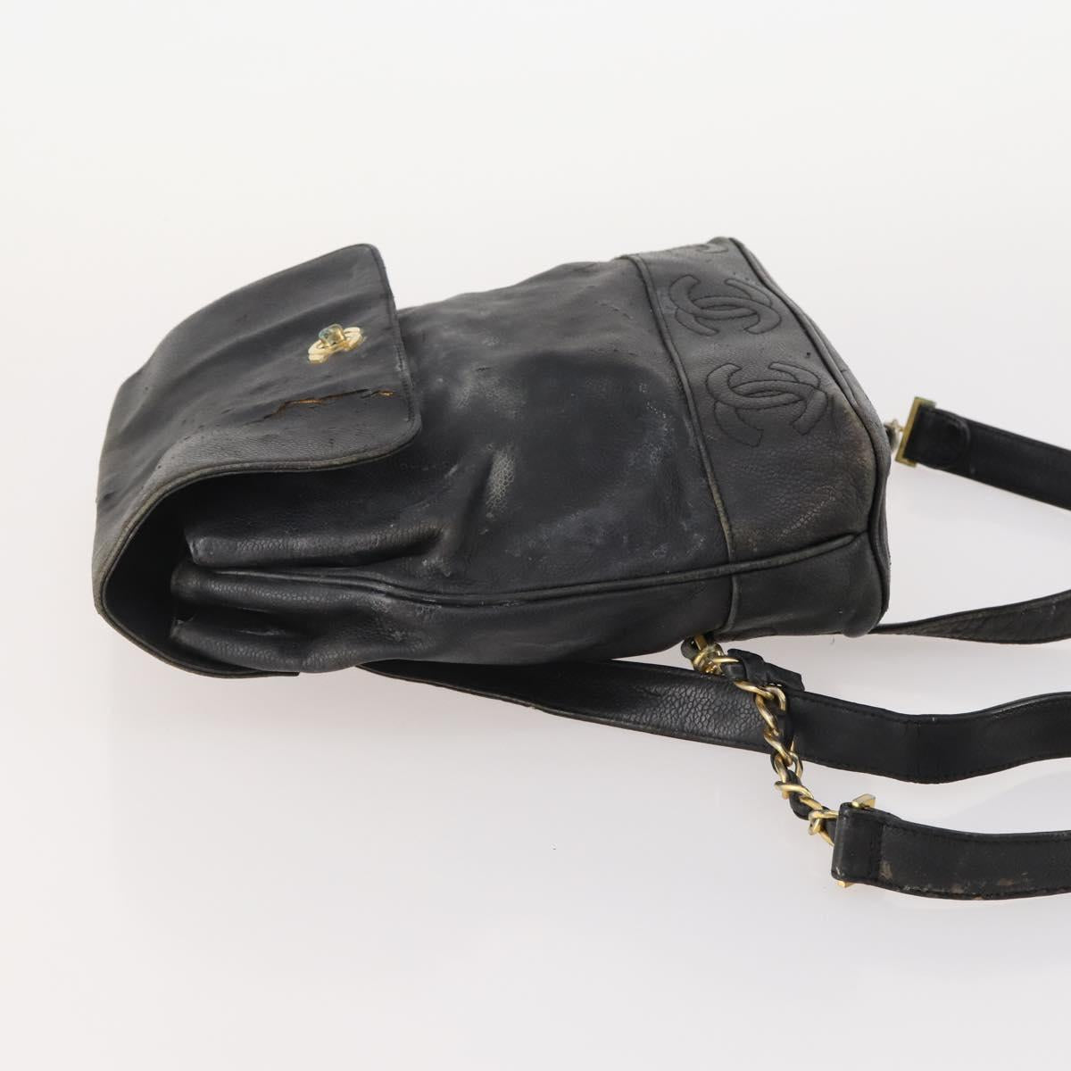 CHANEL Backpack Caviar Skin Black Silver CC Auth BA12657