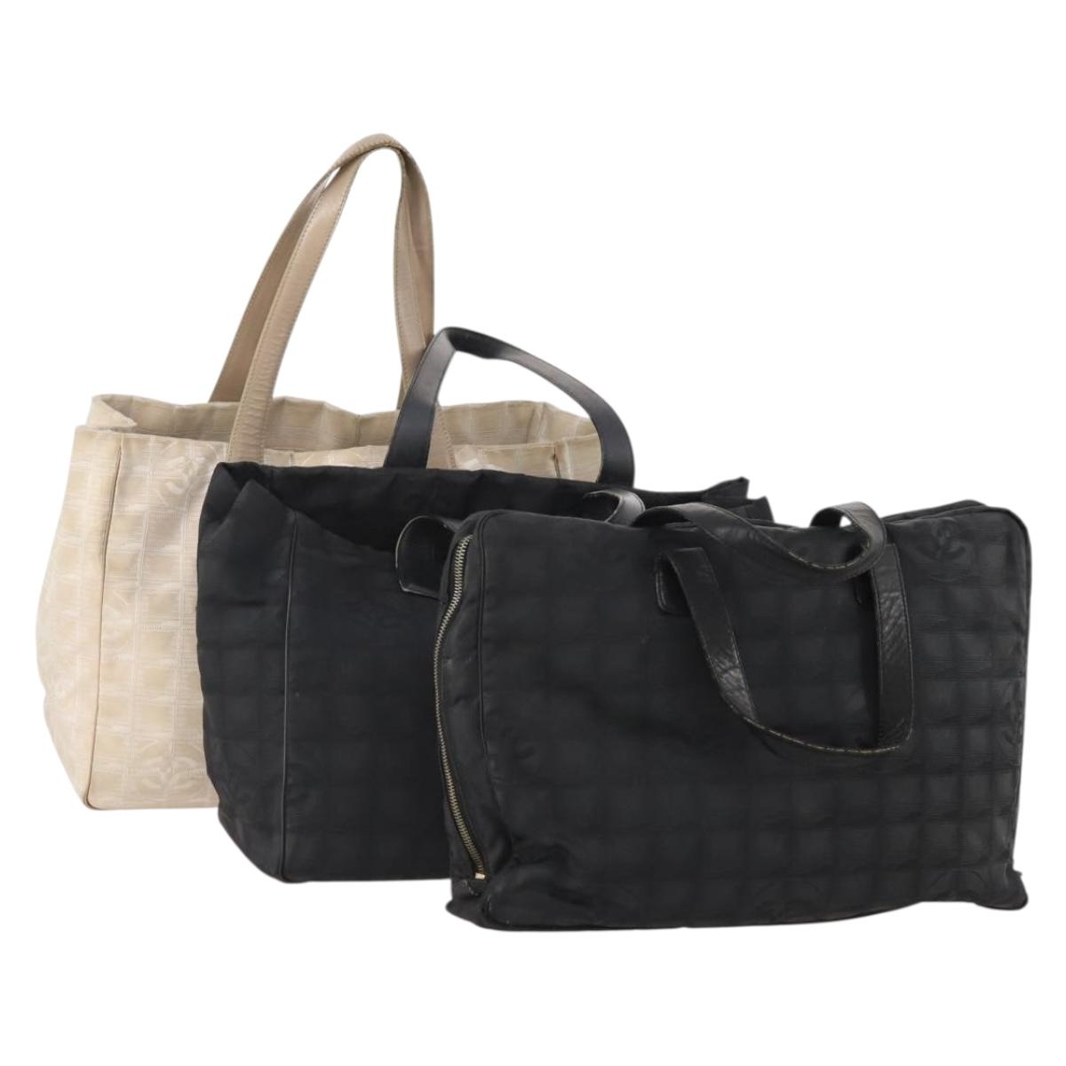 CHANEL New Travel line Tote Bag Nylon 3 Set Black Beige CC Auth BA12660