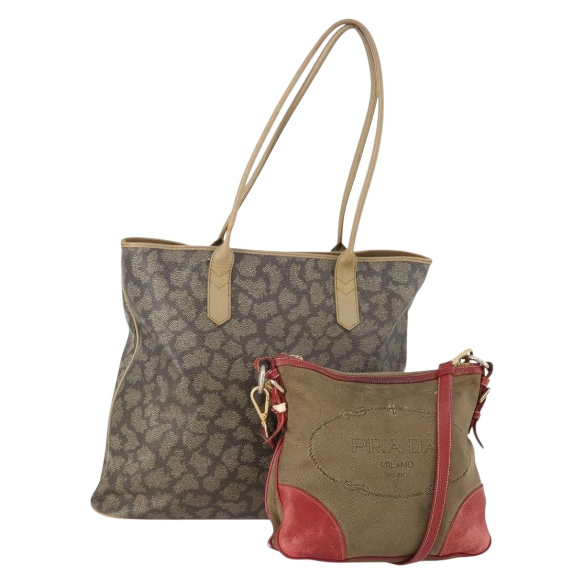 SAINT LAURENT PRADA Tote Bag Canvas PVC 2 Set Beige Auth BA12662