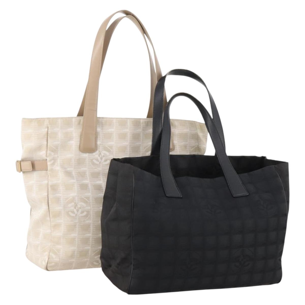 CHANEL New Travel line Tote Bag Nylon 2 Set Black Beige CC Auth BA12666