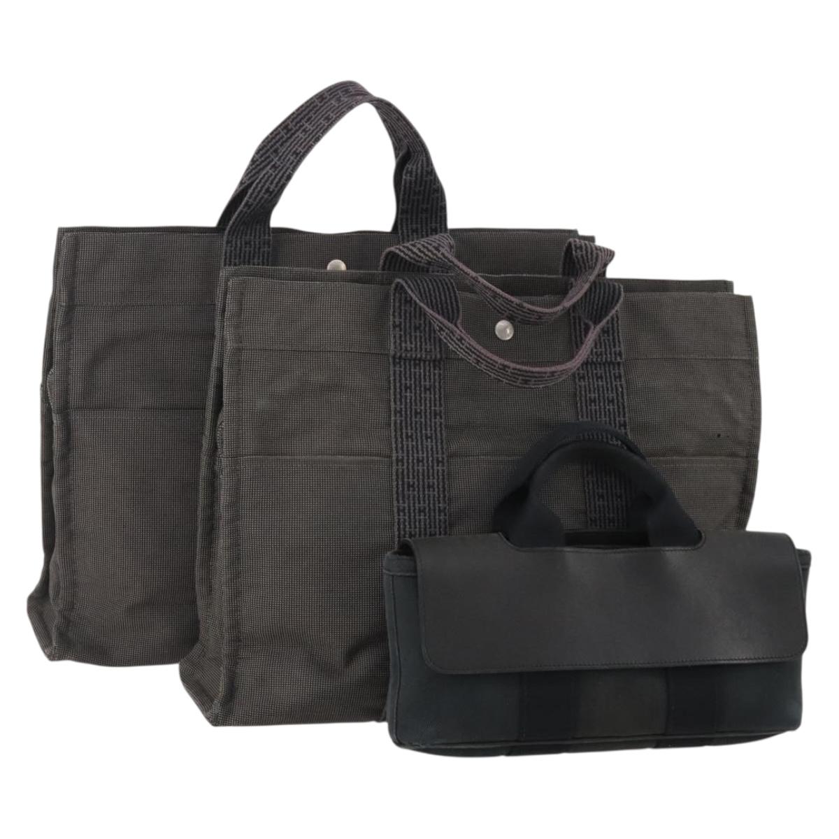 HERMES Tote Bag Canvas 3 Set Black Gray Auth BA12667