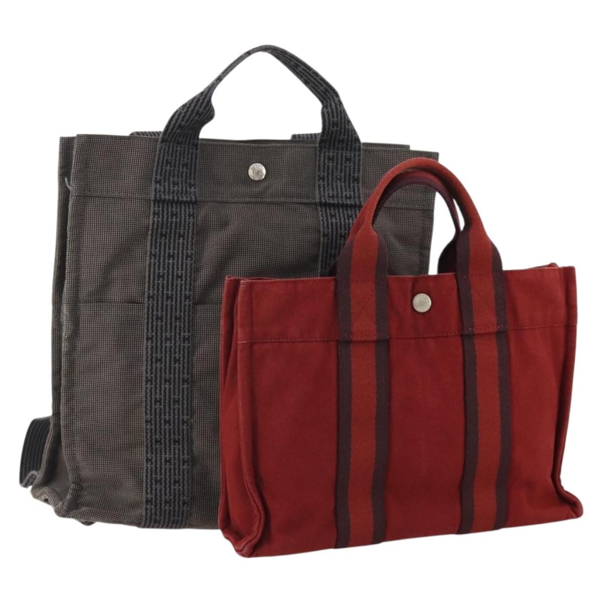 HERMES Hand Bag Canvas 2 Set Red Gray Auth BA12669