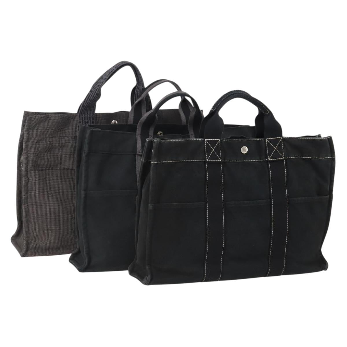 HERMES Fourre Tout Hand Bag Cotton 3 Set Black Gray Auth BA12670