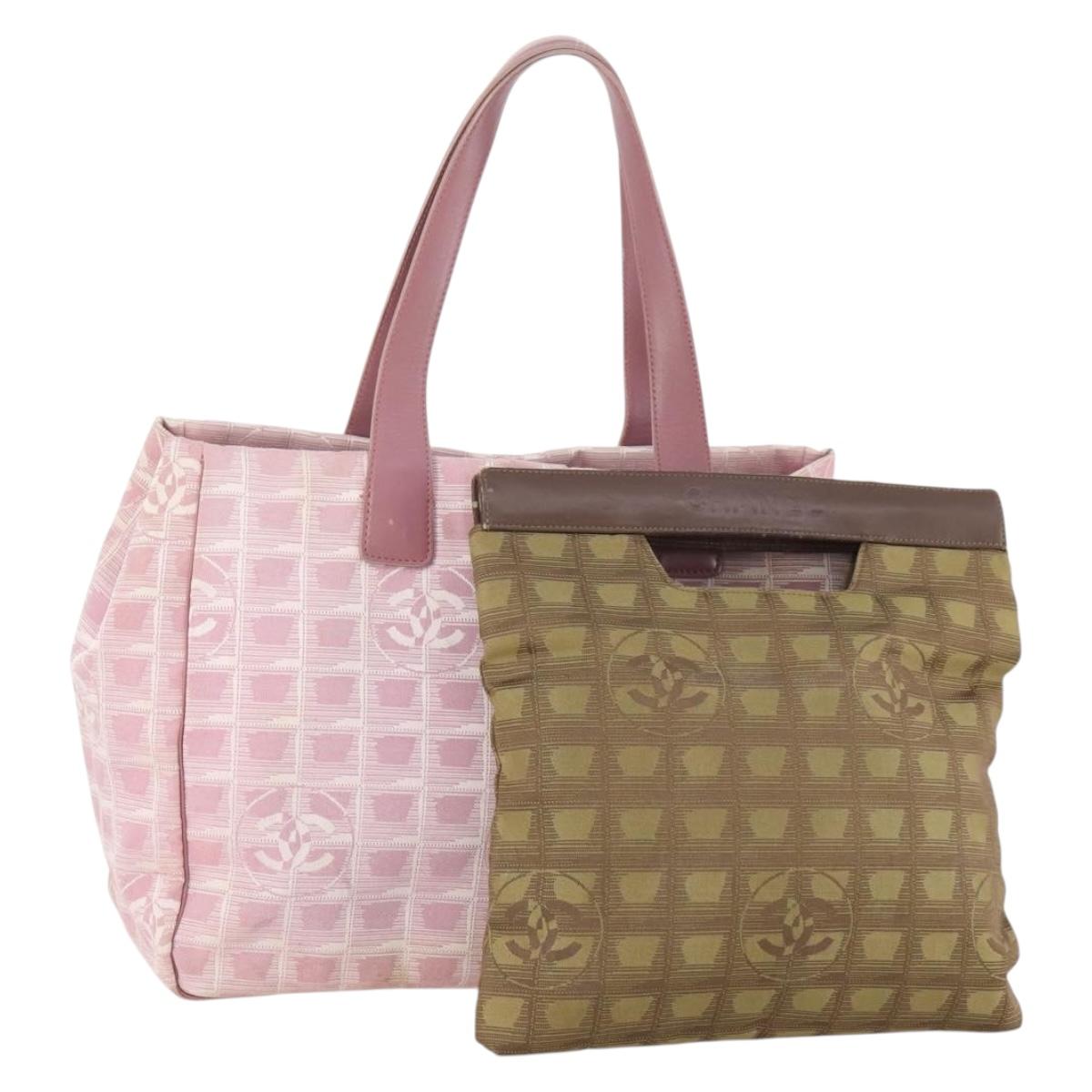CHANEL New Travel line Tote Bag Nylon 2 Set Pink Khaki CC Auth BA12672