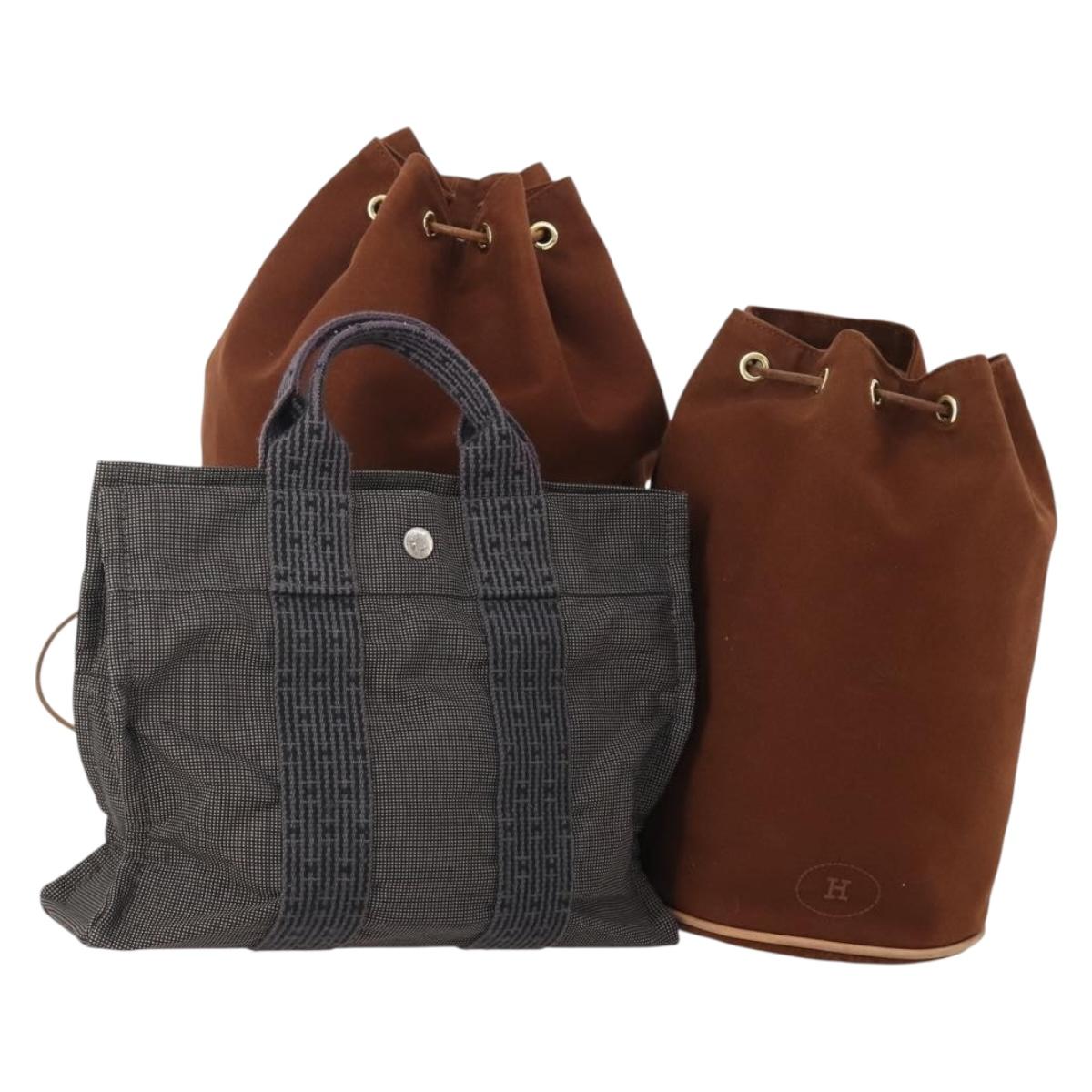 HERMES Shoulder Bag Canvas 3 Set Gray Brown Auth BA12673