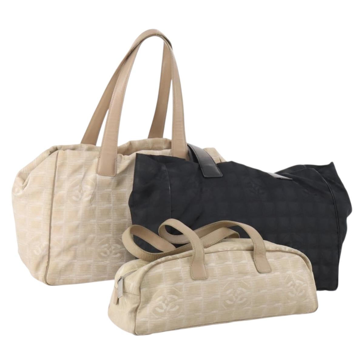 CHANEL New Travel line Tote Bag Nylon 3 Set Black Beige CC Auth BA12674