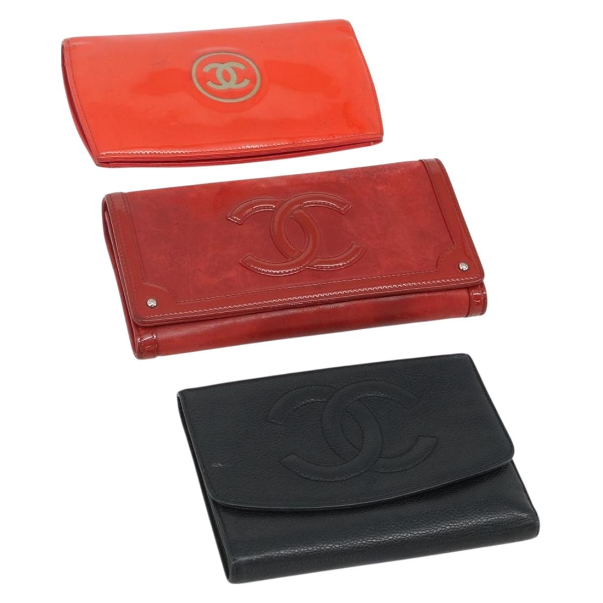 CHANEL Wallet Leather 3 Set Orange Red black CC Auth BA12678