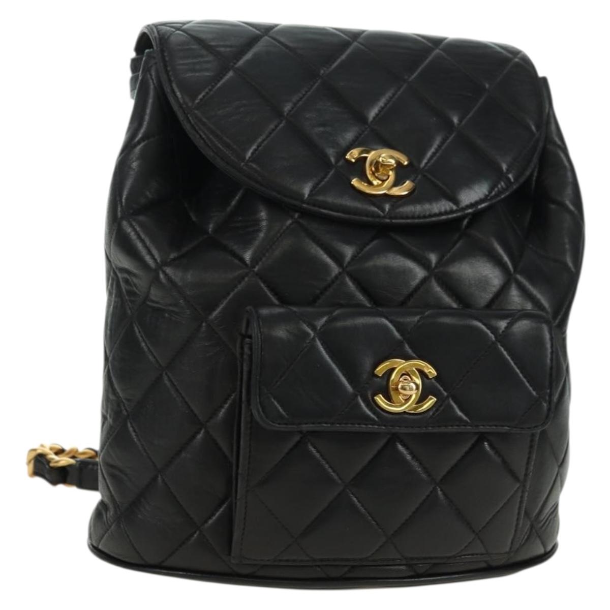 CHANEL Matelasse Chain Backpack Lamb Skin Gold Black CC Auth BA12682SAV