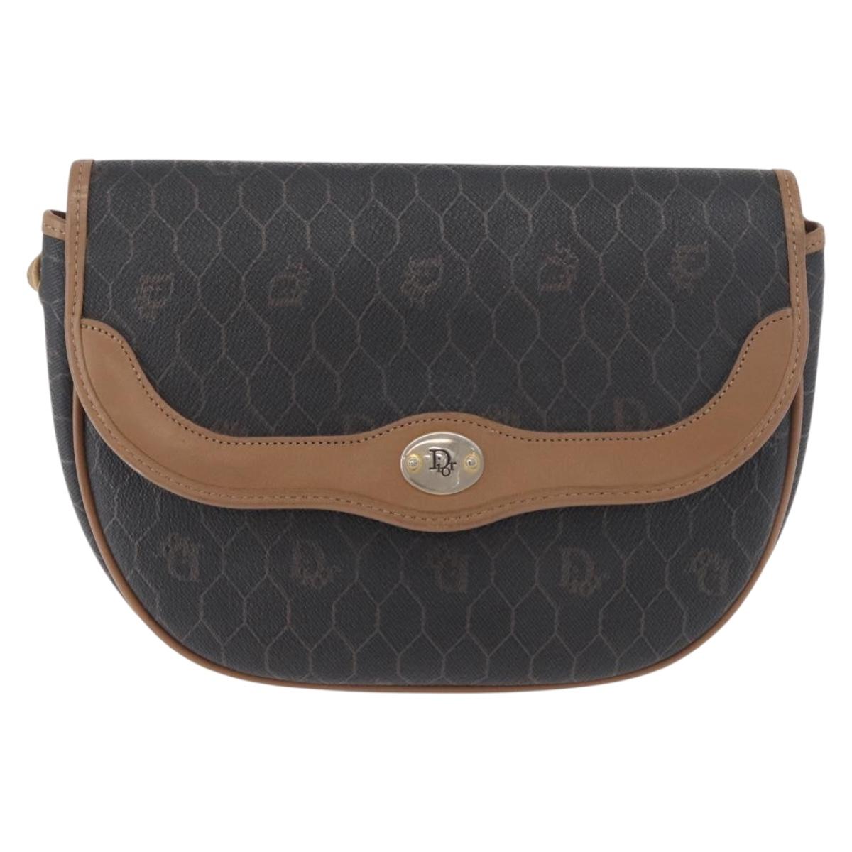 Christian Dior Honeycomb Canvas Shoulder Bag PVC Black Gold Auth BA12686