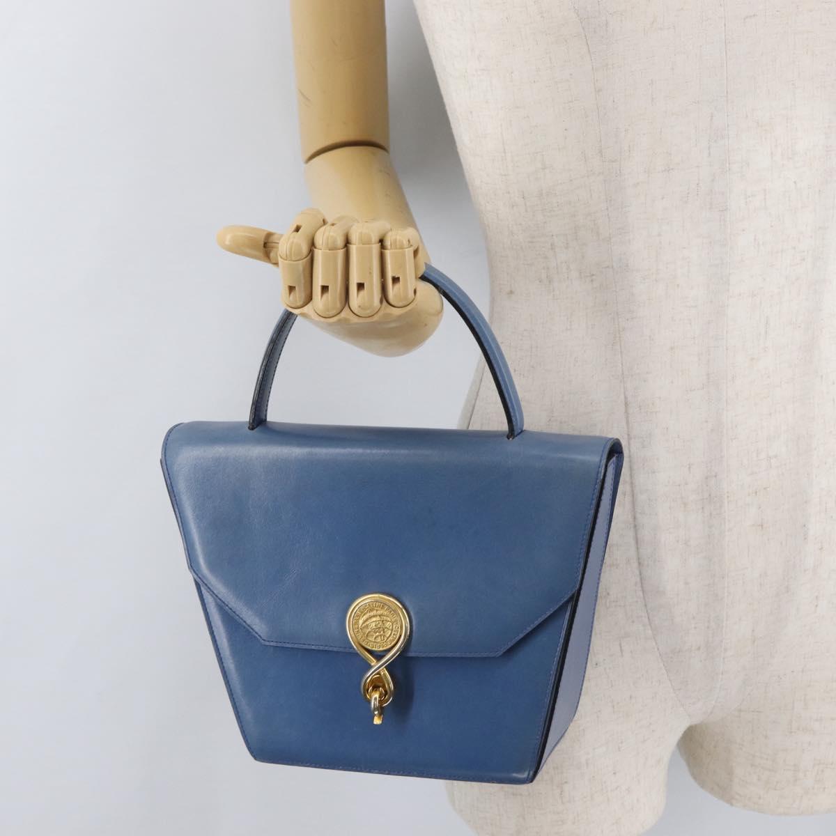 CELINE Medallion Hand Bag Leather Blue Gold Auth BA12709A