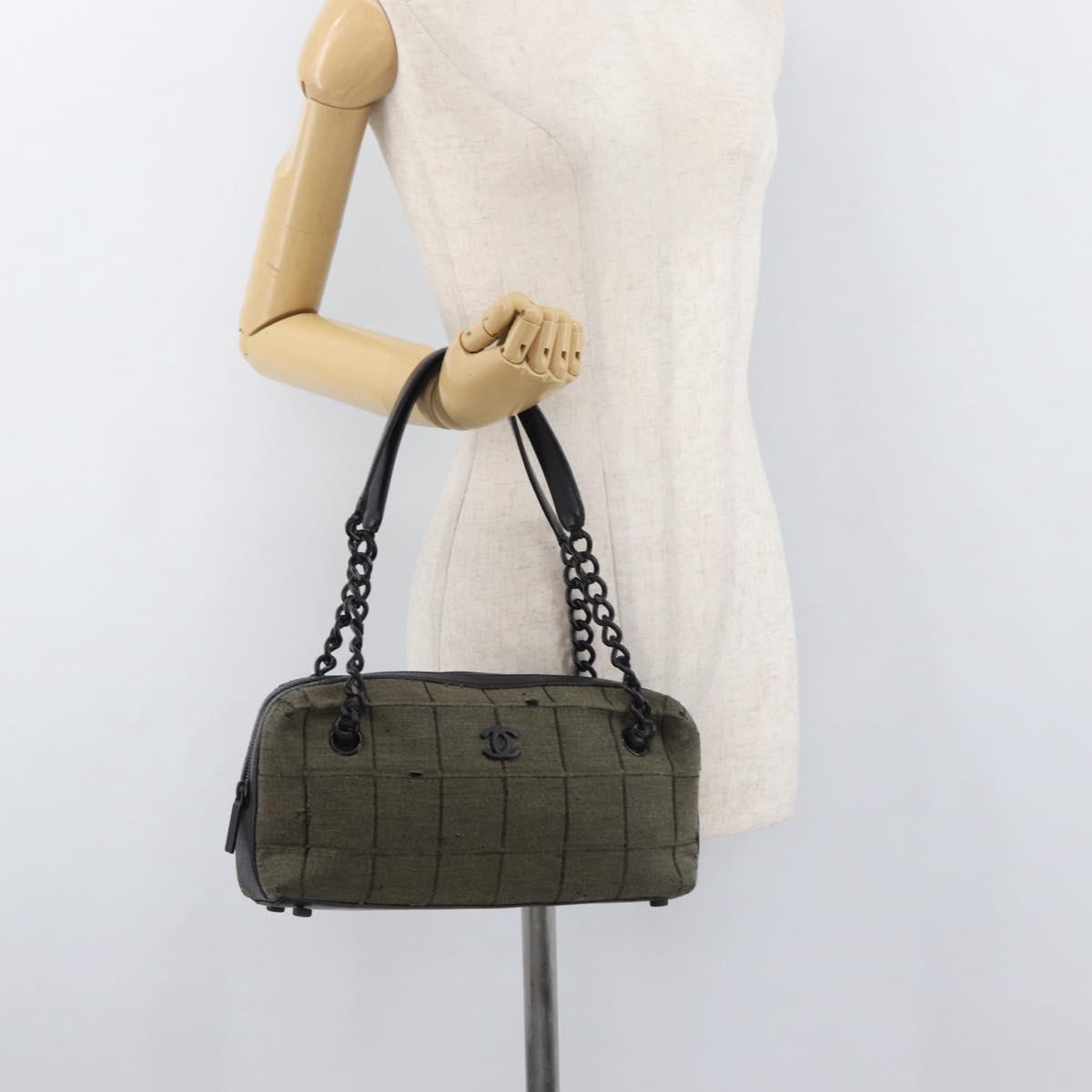 CHANEL Choco Bar Chain Tote Bag Knitted Fabrics Gray CC Auth BA12712