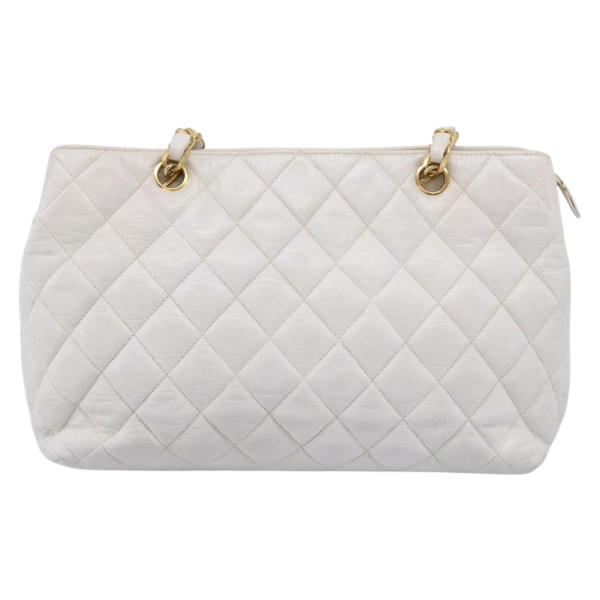 CHANEL Chain Shoulder Bag Lamb Skin White Gold CC Auth BA12714