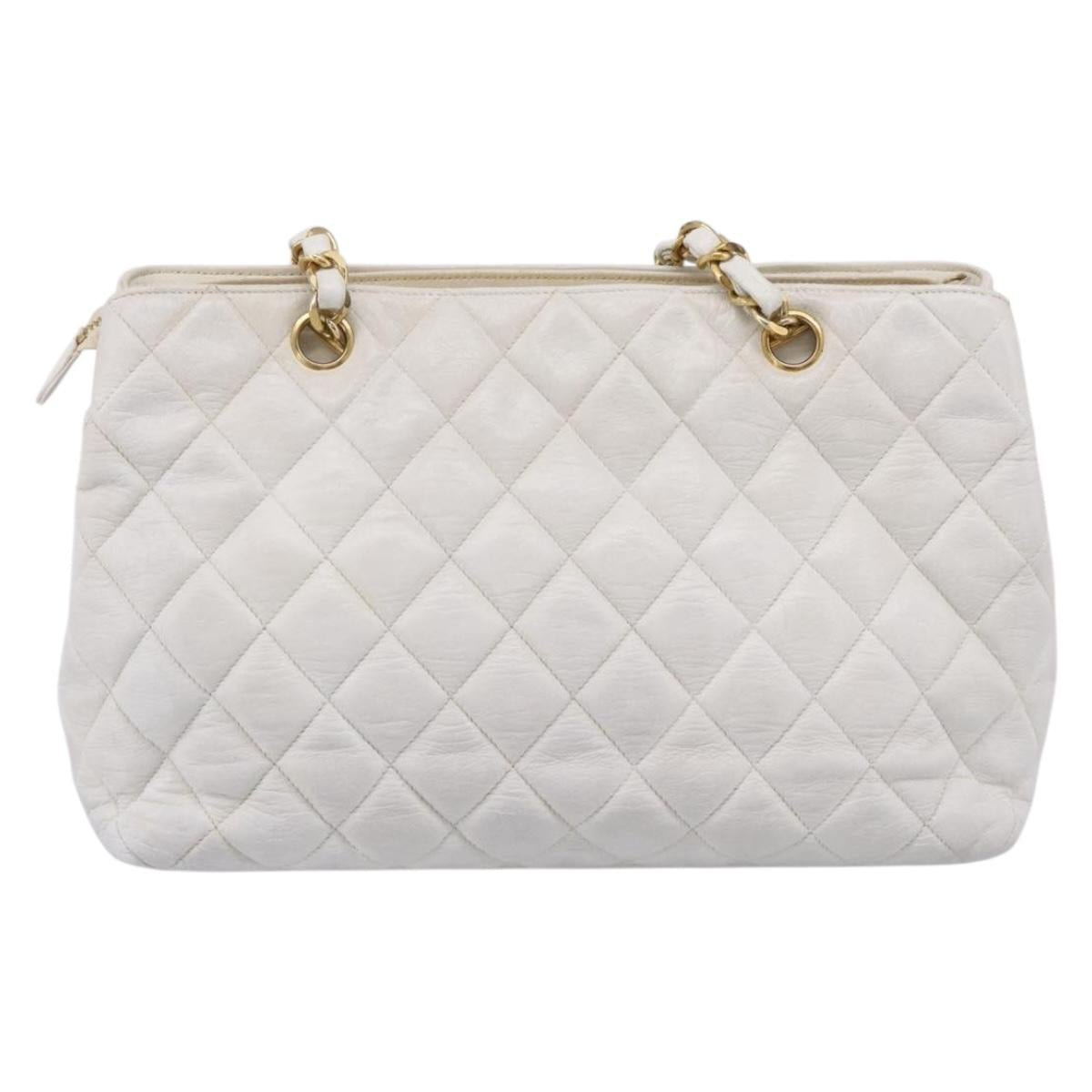 CHANEL Chain Shoulder Bag Lamb Skin White Gold CC Auth BA12714