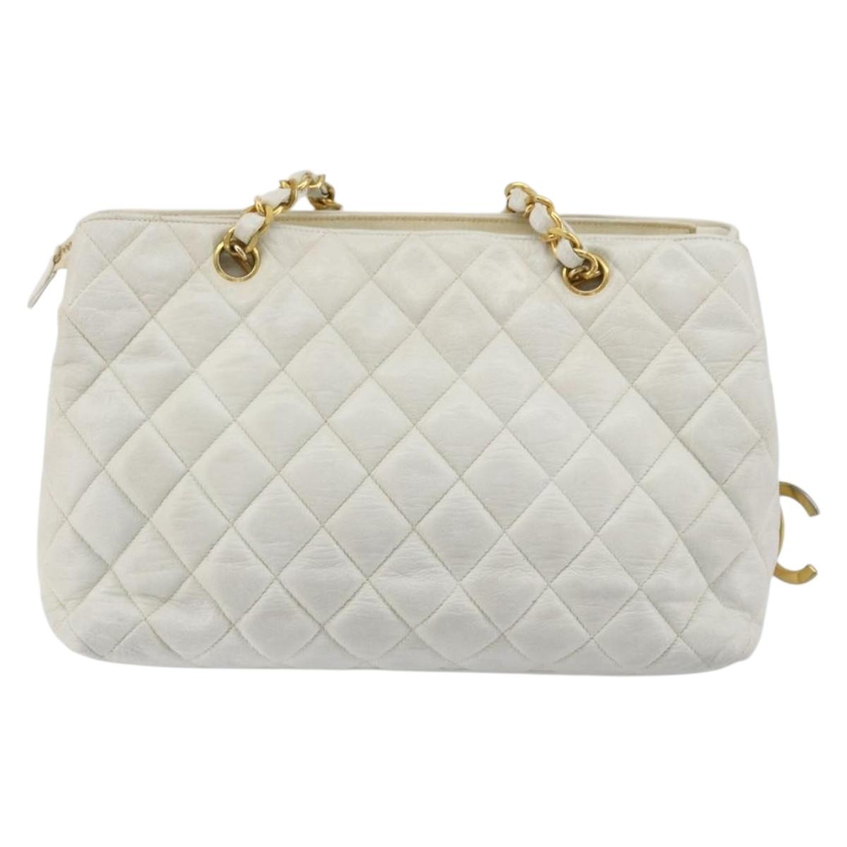 CHANEL Chain Shoulder Bag Lamb Skin White Gold CC Auth BA12714