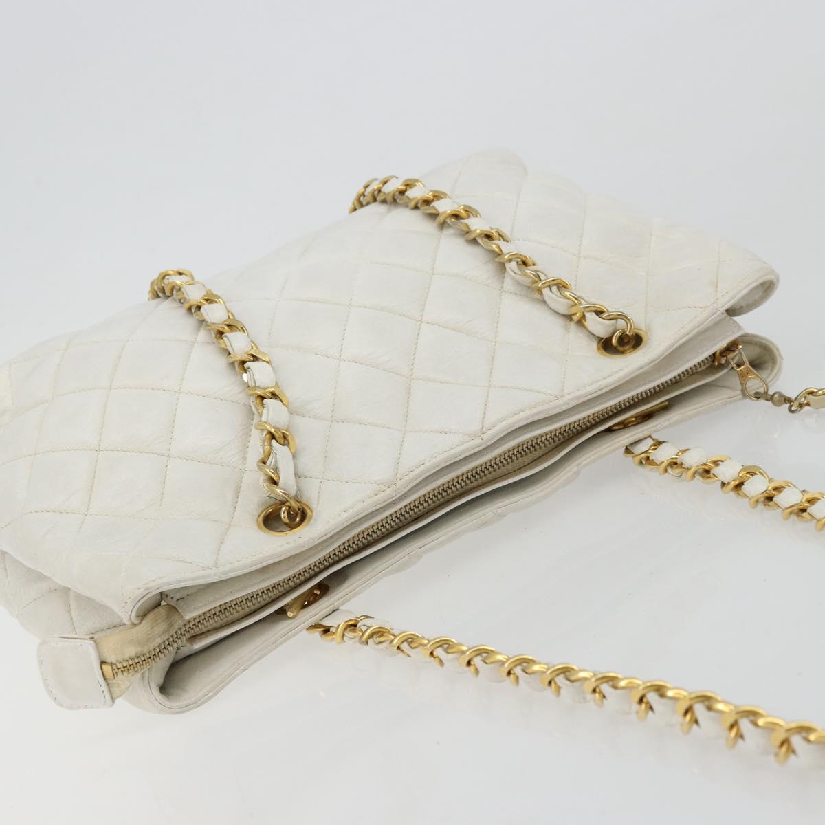 CHANEL Chain Shoulder Bag Lamb Skin White Gold CC Auth BA12714
