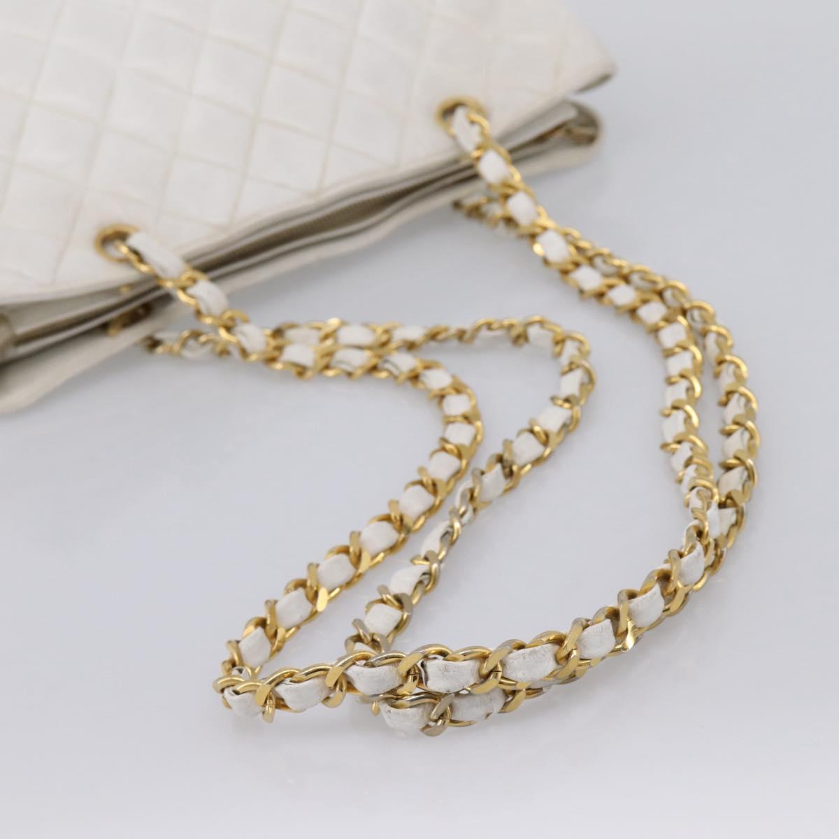CHANEL Chain Shoulder Bag Lamb Skin White Gold CC Auth BA12714