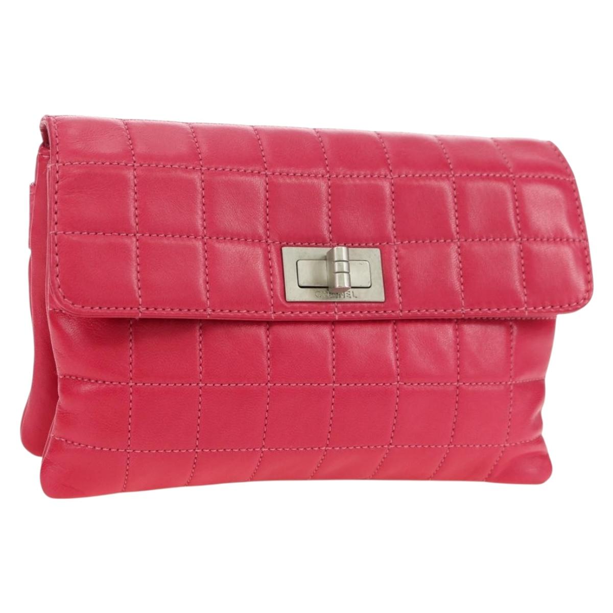 CHANEL 2.55 Choco Bar Clutch Bag Lamb Skin Pink Silver CC Auth BA12718V