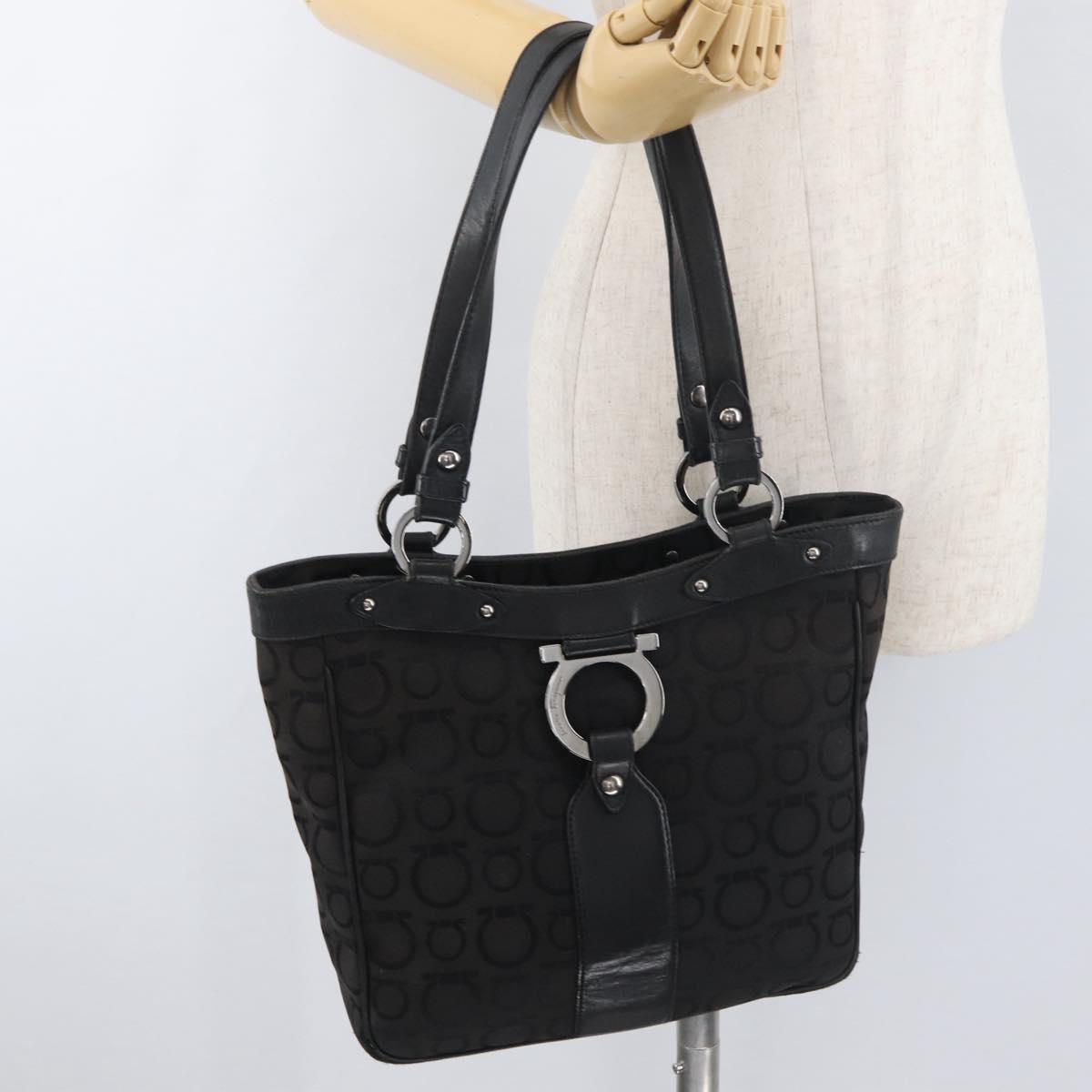 Salvatore Ferragamo Gancini Tote Bag Canvas Black Silver Auth BA12719