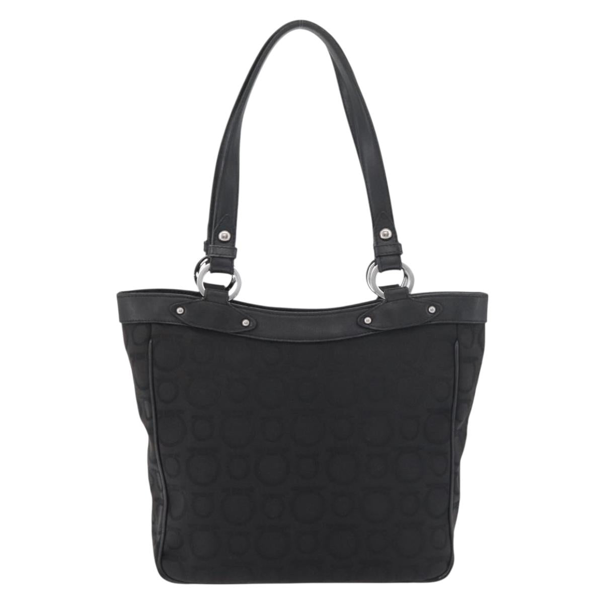 Salvatore Ferragamo Gancini Tote Bag Canvas Black Silver Auth BA12719