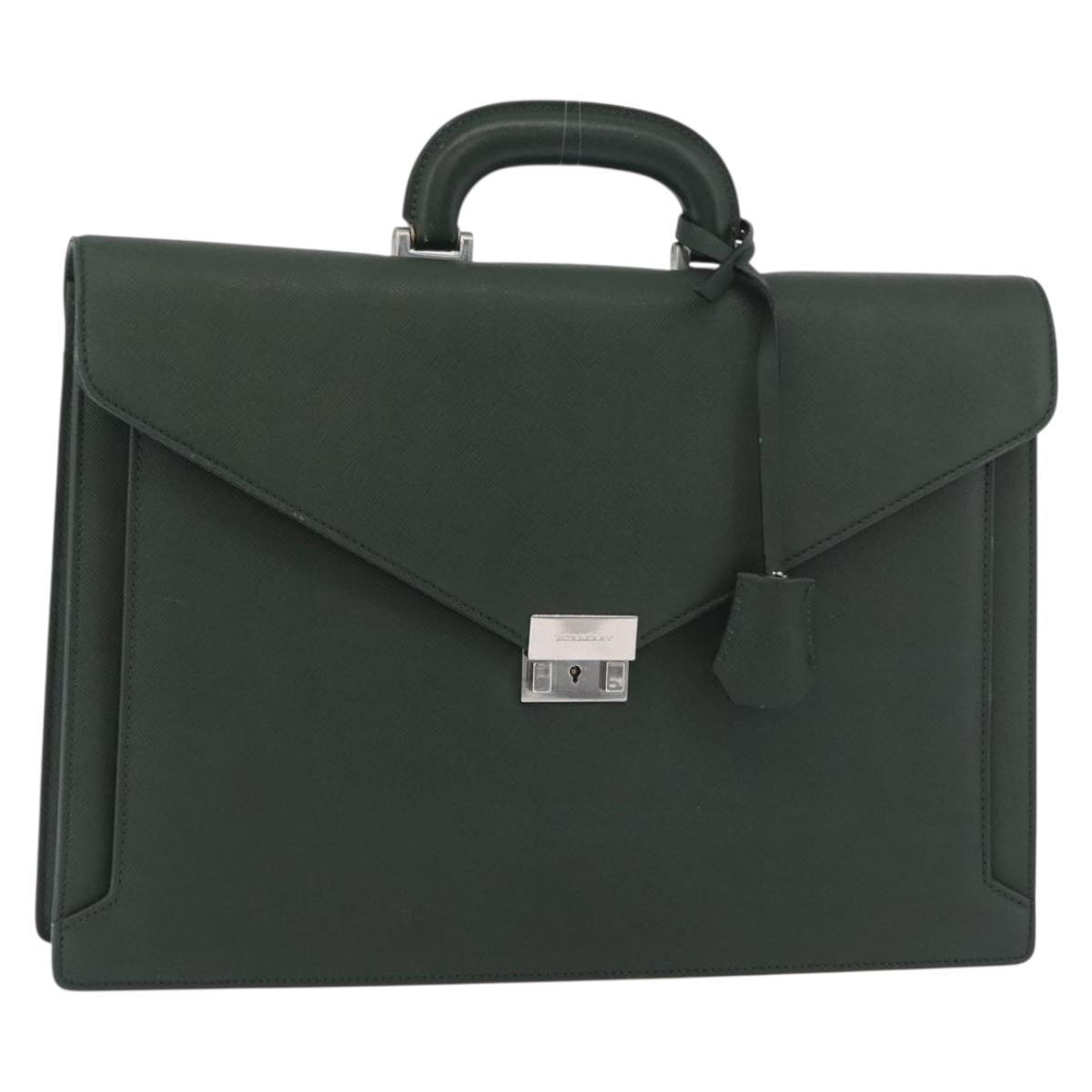 BURBERRY Business Bag Leather Green Silver Auth BA12730