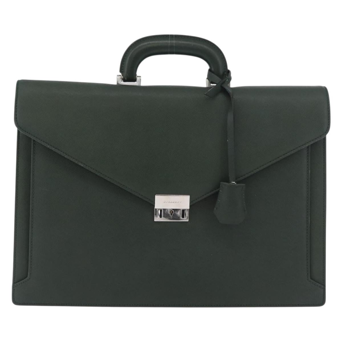 BURBERRY Business Bag Leather Green Silver Auth BA12730