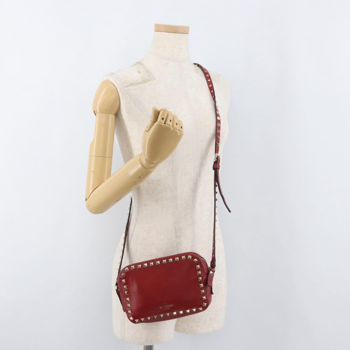VALENTINO Rock Studs Shoulder Bag Leather Red Gold Auth BA12744