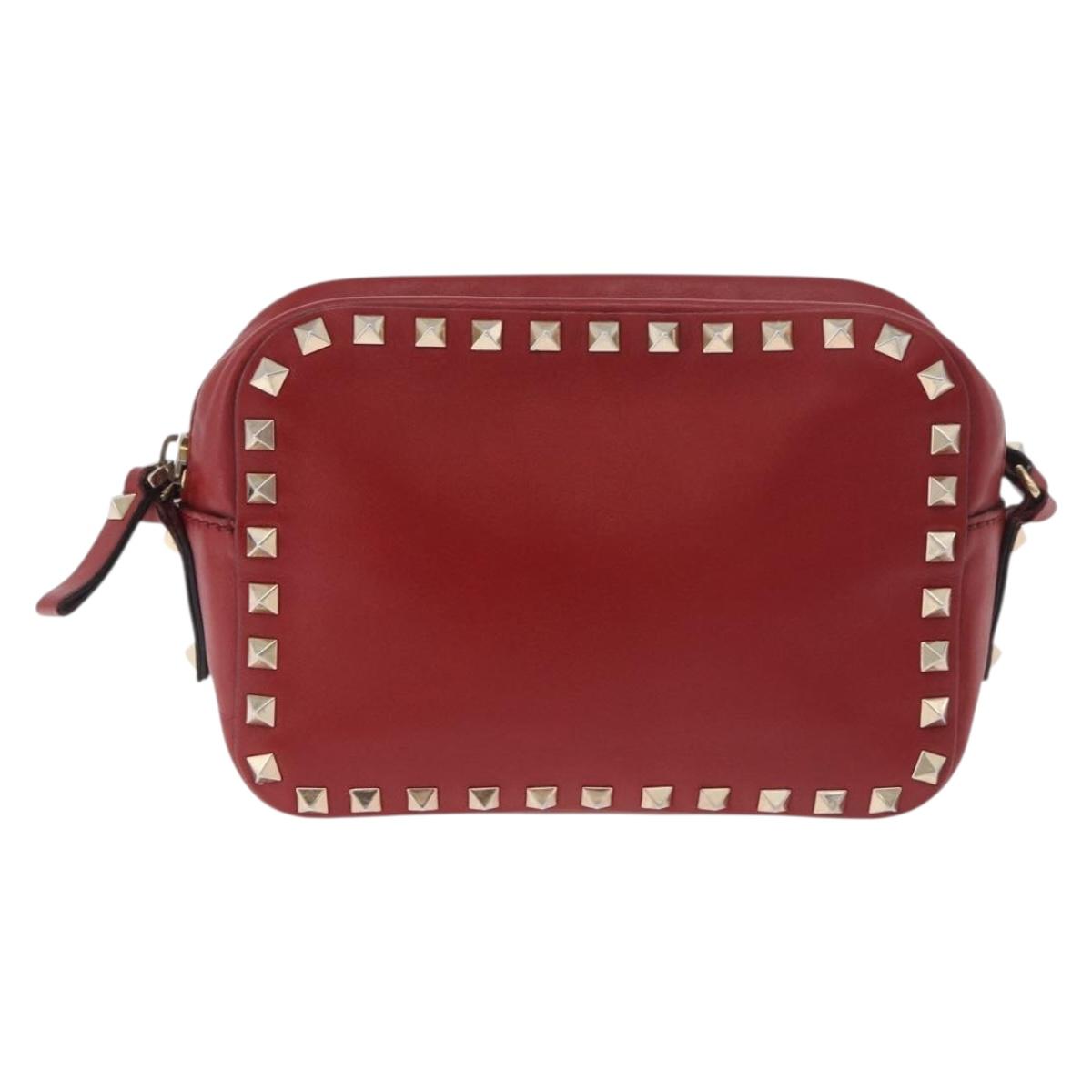 VALENTINO Rock Studs Shoulder Bag Leather Red Gold Auth BA12744