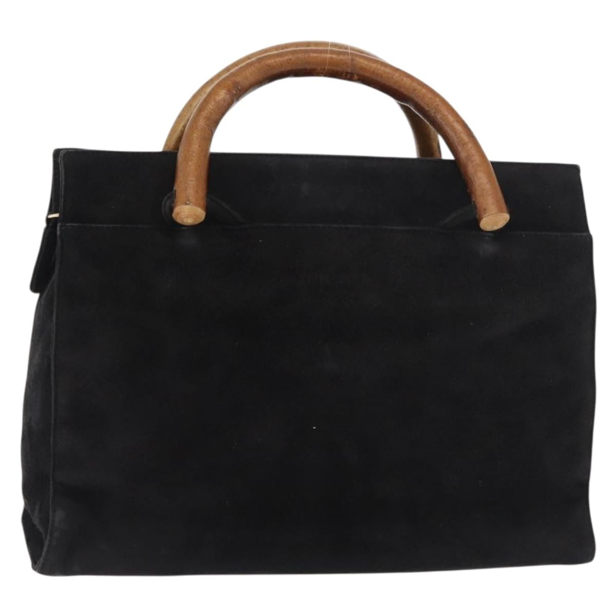 PRADA Wood Handle Hand Bag Suede Black Gold Auth BA12770