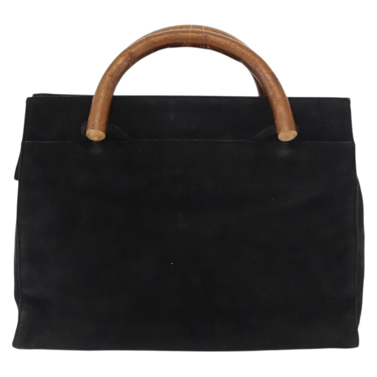 PRADA Wood Handle Hand Bag Suede Black Gold Auth BA12770