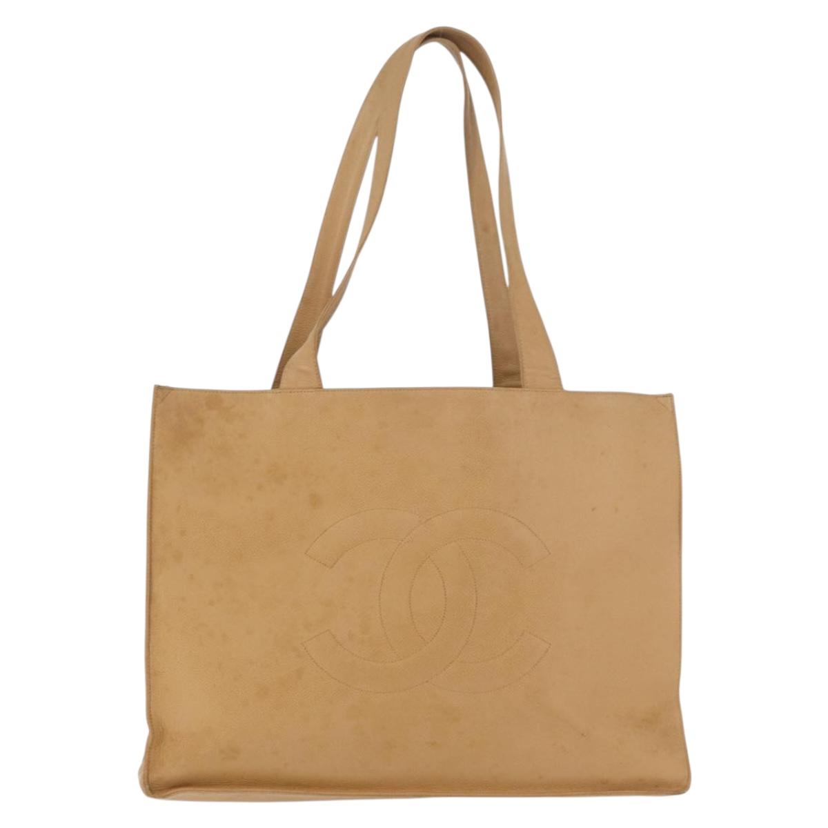 CHANEL Tote Bag Caviar Skin Beige Gold CC Auth BA12781