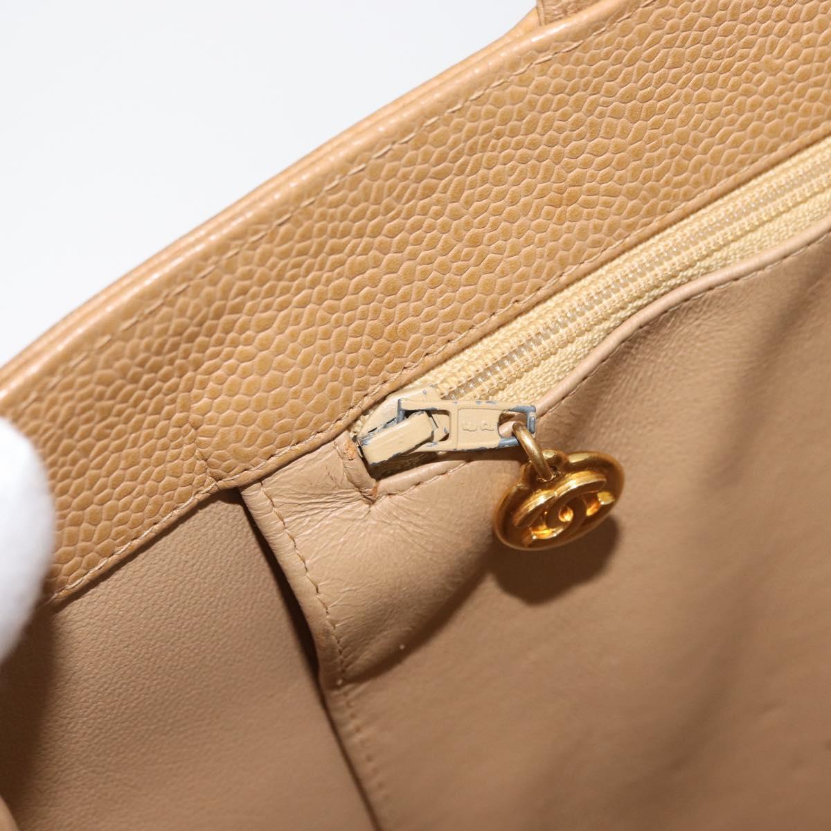 CHANEL Tote Bag Caviar Skin Beige Gold CC Auth BA12781