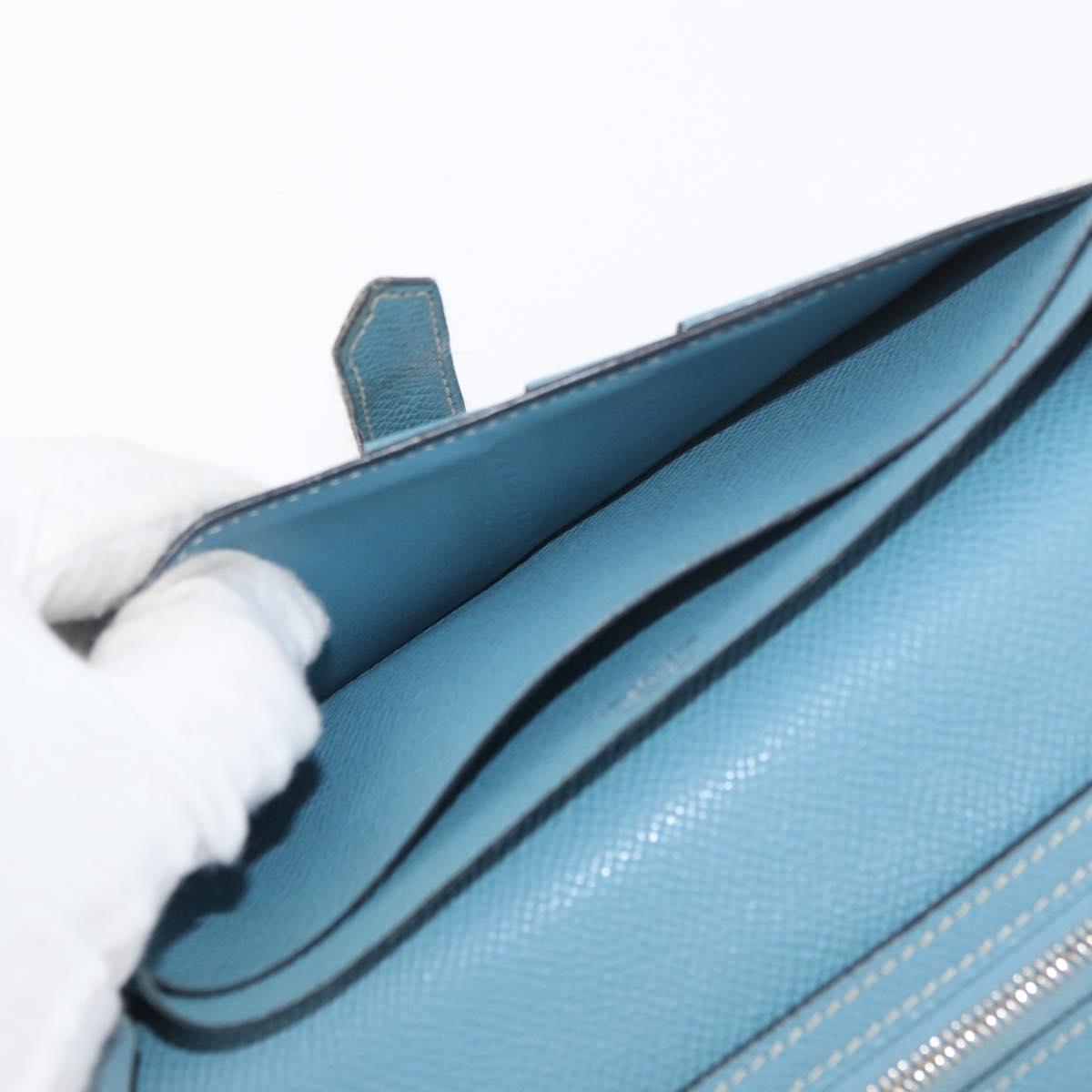 HERMES Bane Souffle Long Wallet Leather Light Blue Silver Auth BA12783