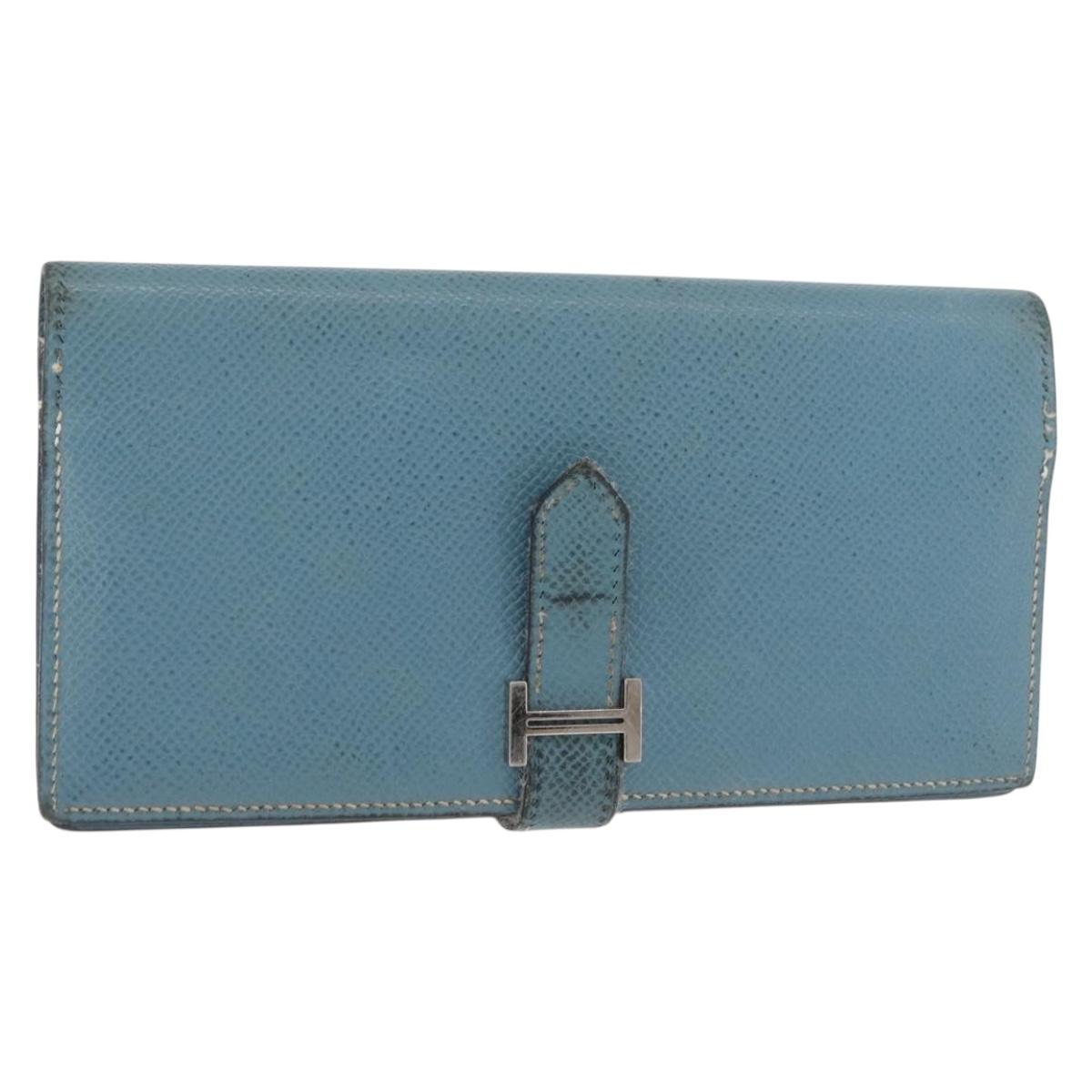 HERMES Bane Souffle Long Wallet Leather Light Blue Silver Auth BA12783