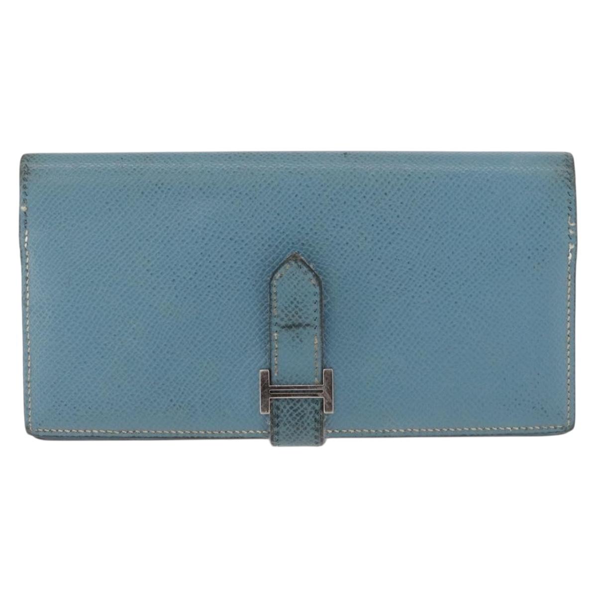 HERMES Bane Souffle Long Wallet Leather Light Blue Silver Auth BA12783