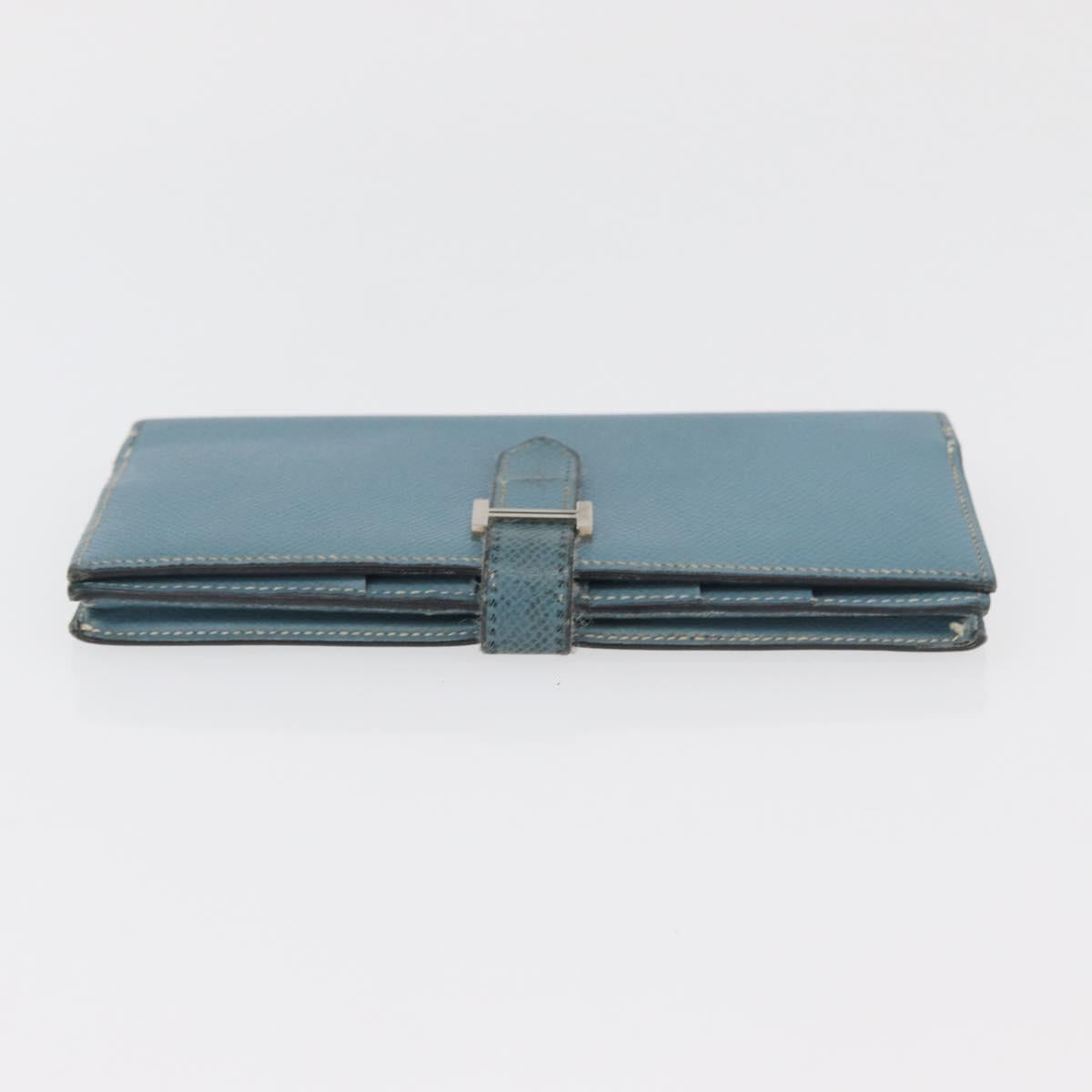 HERMES Bane Souffle Long Wallet Leather Light Blue Silver Auth BA12783