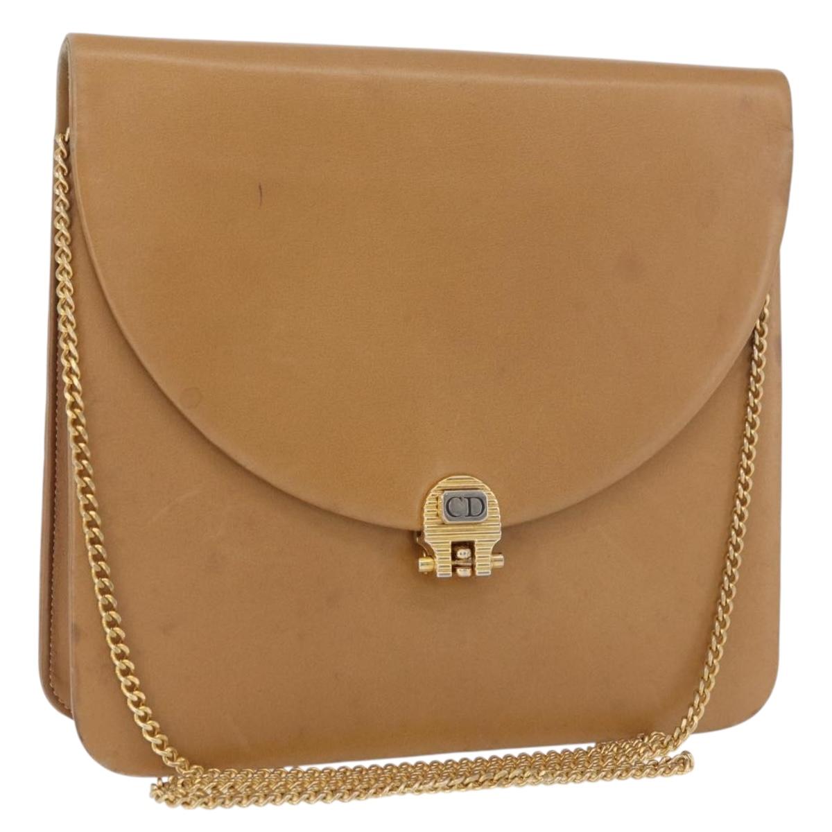 Christian Dior Chain Shoulder Bag Leather Beige Gold Auth BA12791