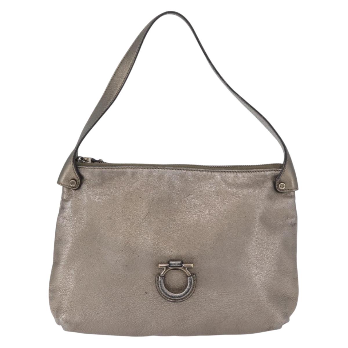 Salvatore Ferragamo Gancini Shoulder Bag Leather Silver Auth BA12795A