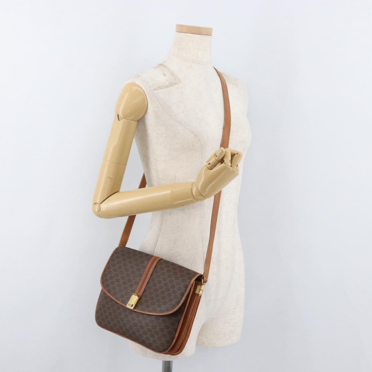 CELINE Macadam Canvas Shoulder Bag PVC Leather Brown Gold Auth BA12811
