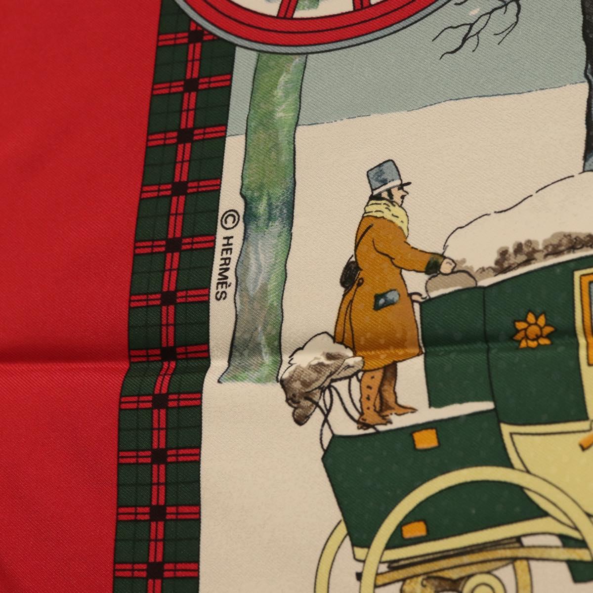 HERMES Carre 90 Scarf ""L'HIVER EN POSTE"" Silk Red Auth BA12838V