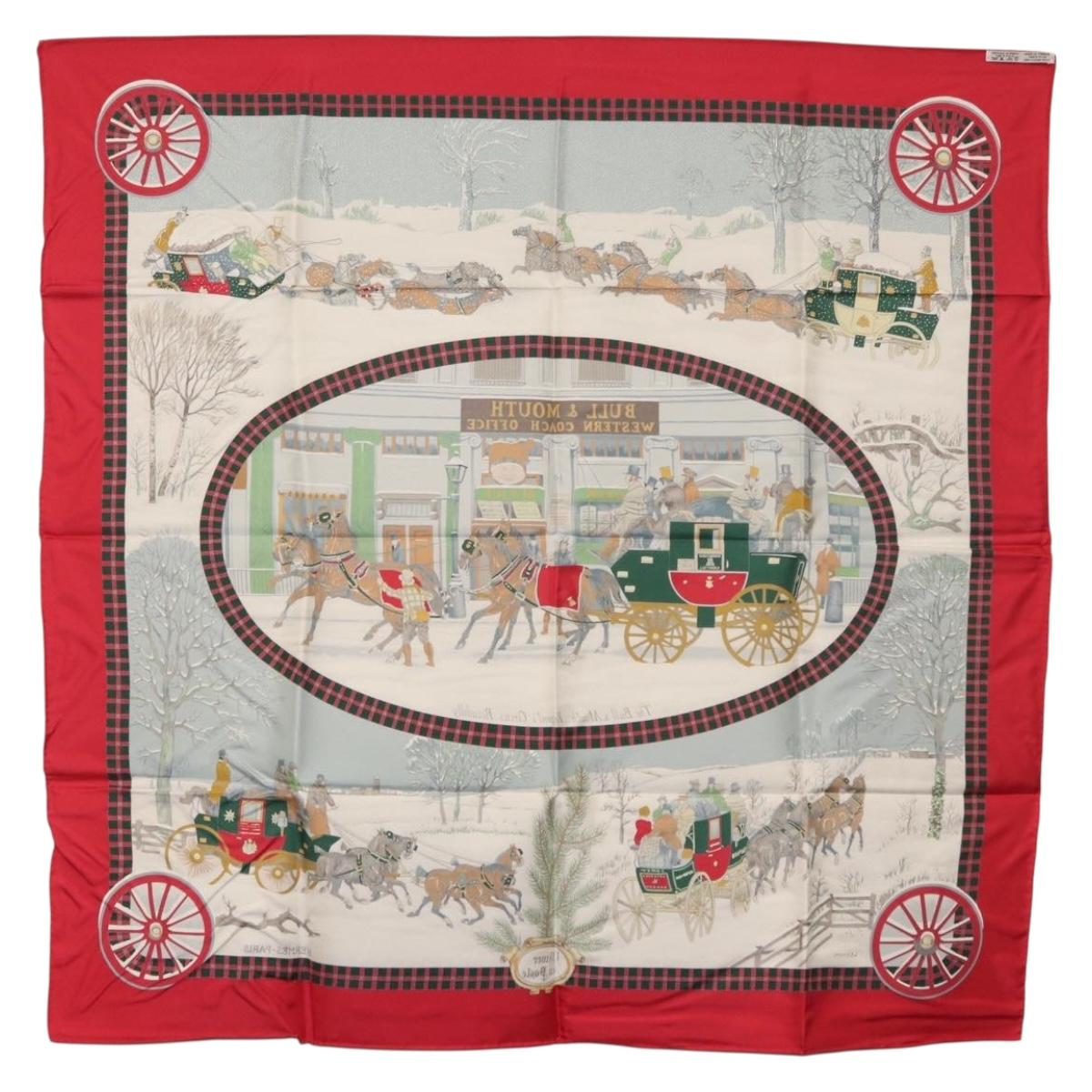 HERMES Carre 90 Scarf ""L'HIVER EN POSTE"" Silk Red Auth BA12838V