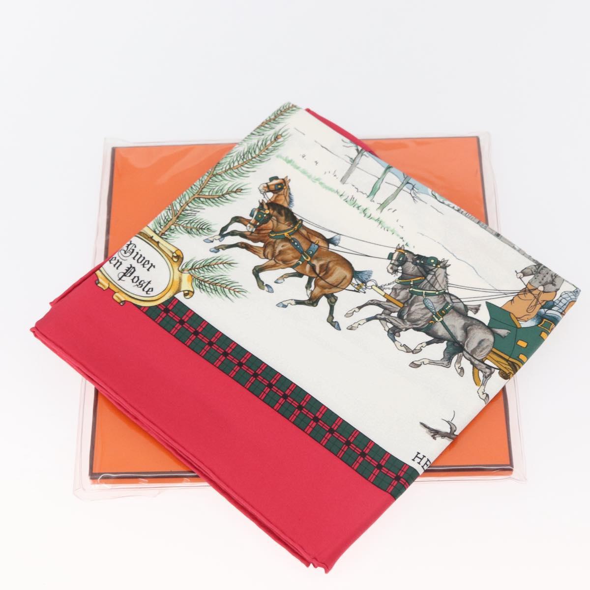 HERMES Carre 90 Scarf ""L'HIVER EN POSTE"" Silk Red Auth BA12838V