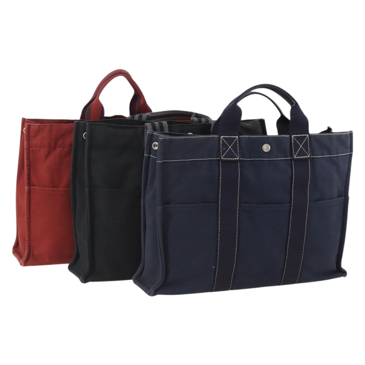HERMES Fourre Tout MM Hand Bag Canvas 3 Set Navy Black Red Auth BA12857