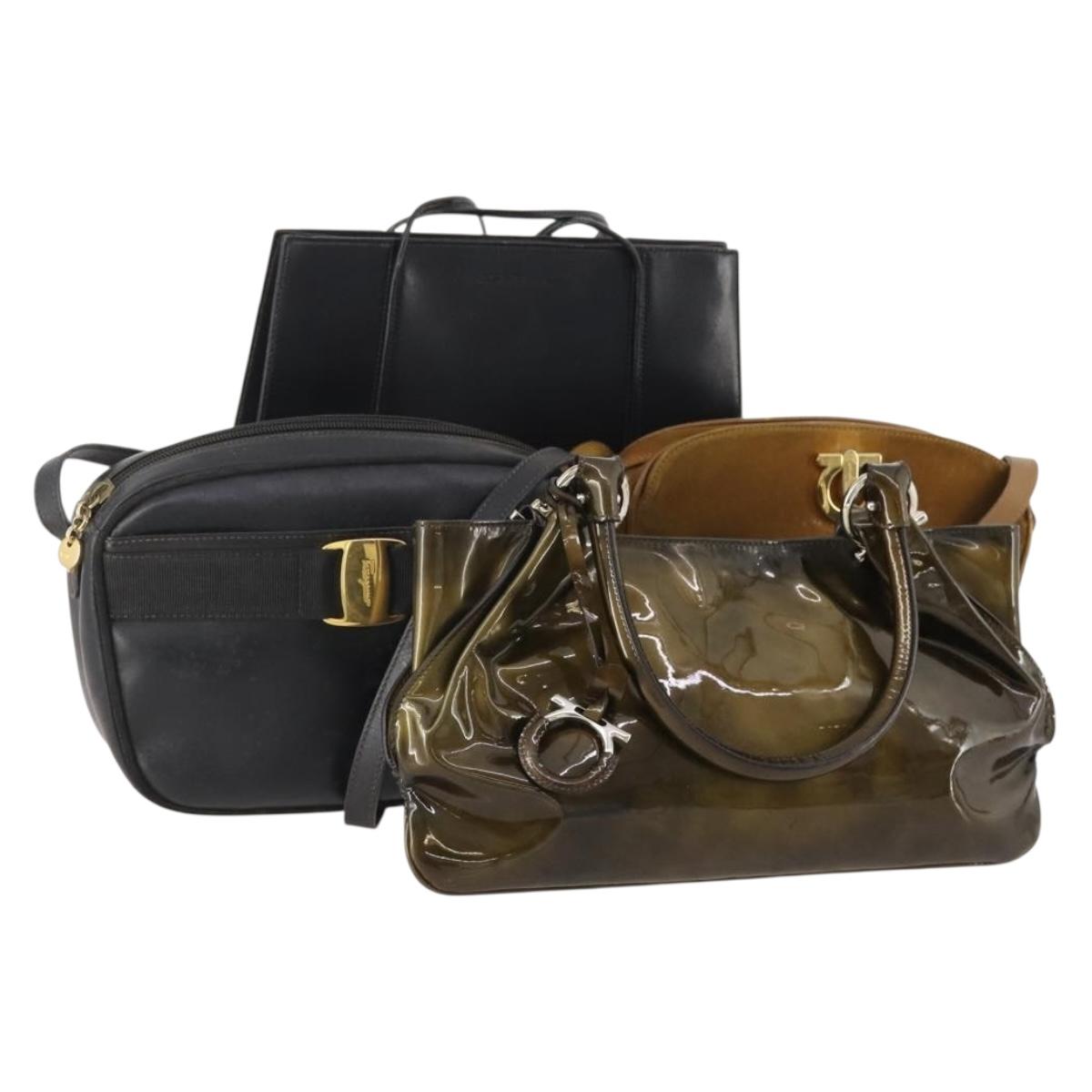 Salvatore Ferragamo Gancini Bag Leather Suede Coated Canvas 4 Set Auth BA12864