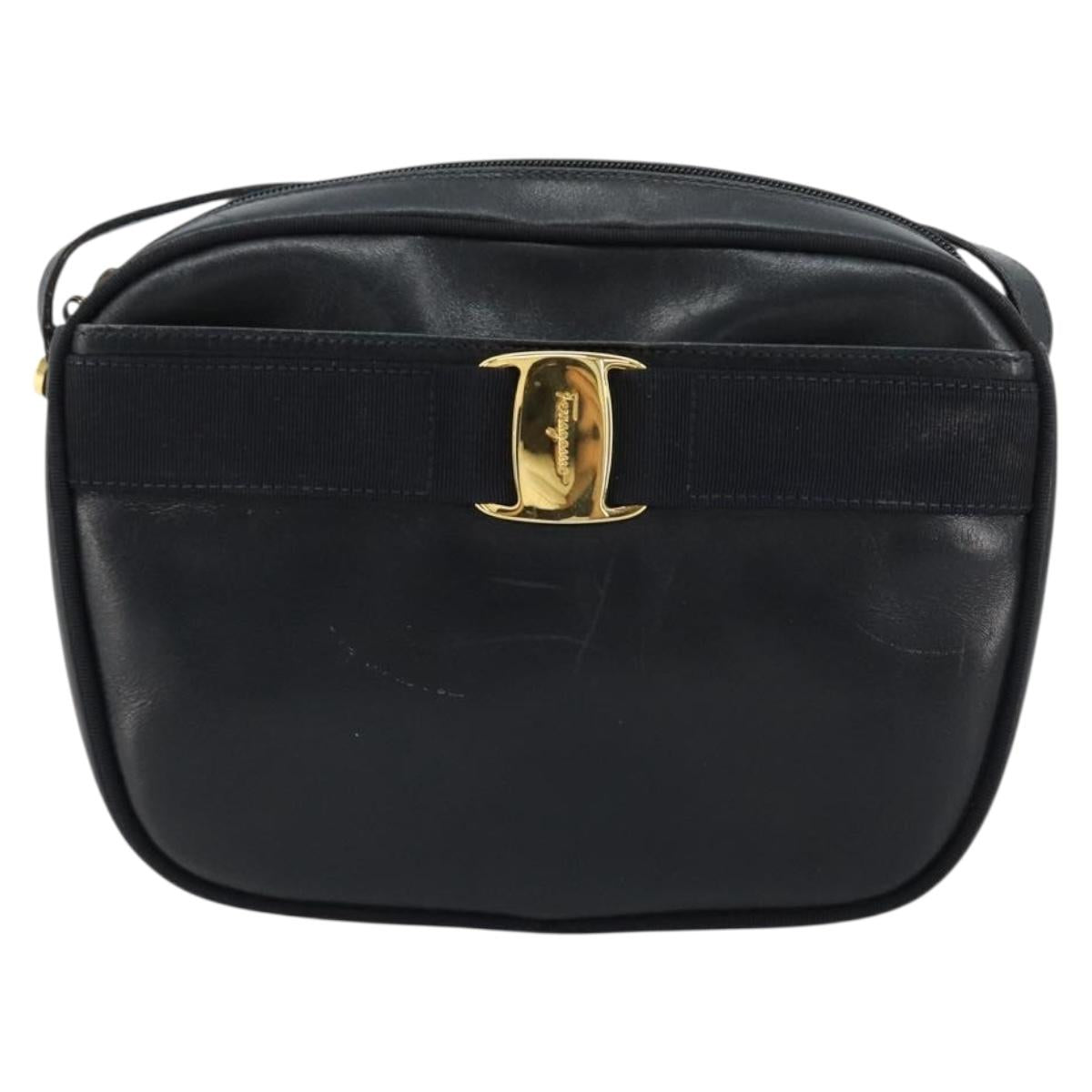 Salvatore Ferragamo Vala Shoulder Bag Leather Navy Gold Auth BA12880