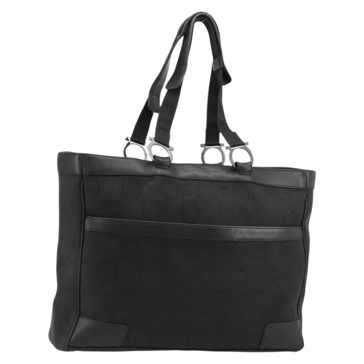 Salvatore Ferragamo Gancini Tote Bag Canvas Black Silver Auth BA12884