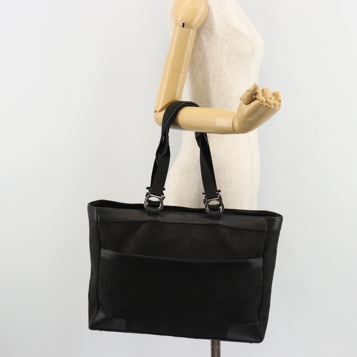 Salvatore Ferragamo Gancini Tote Bag Canvas Black Silver Auth BA12884