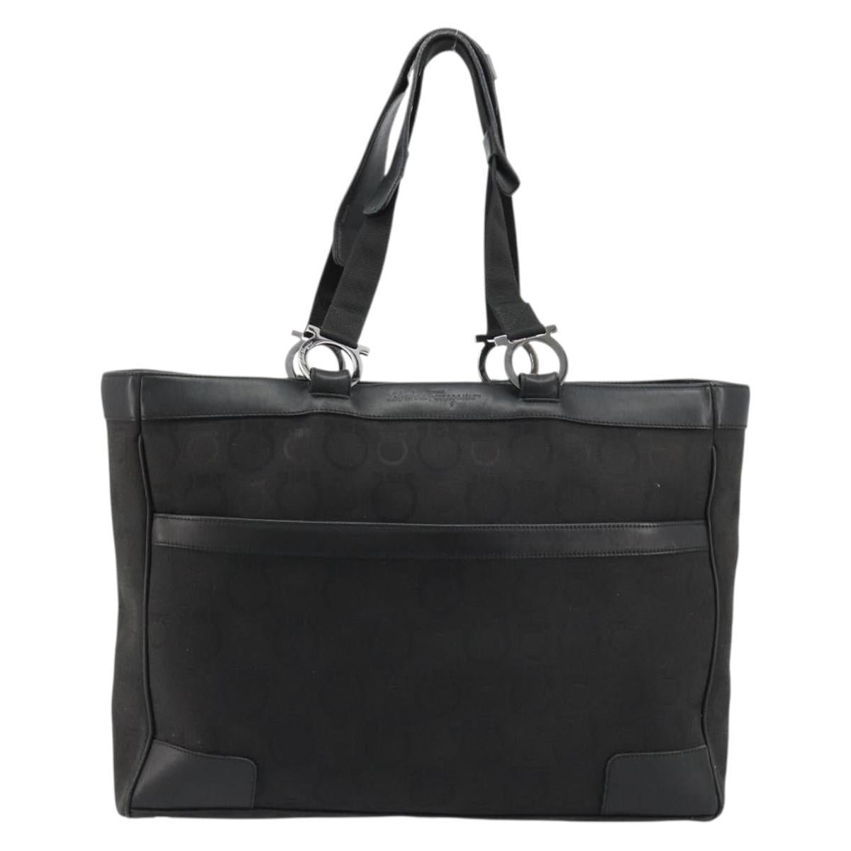 Salvatore Ferragamo Gancini Tote Bag Canvas Black Silver Auth BA12884