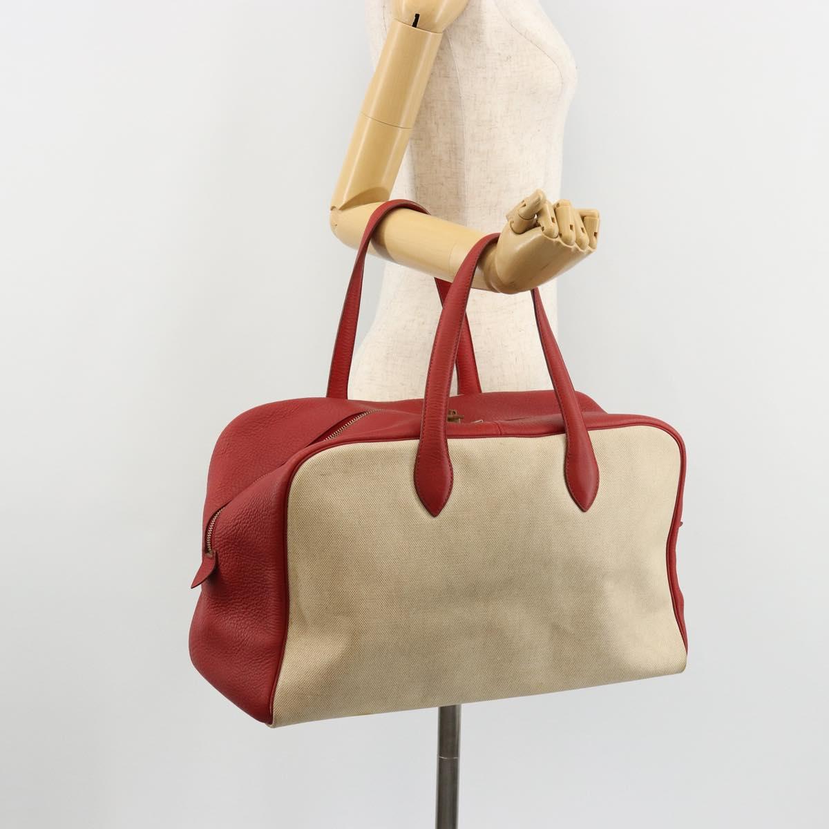 HERMES Victoria 43 Hand Bag Coated Canvas Beige Auth BA12885