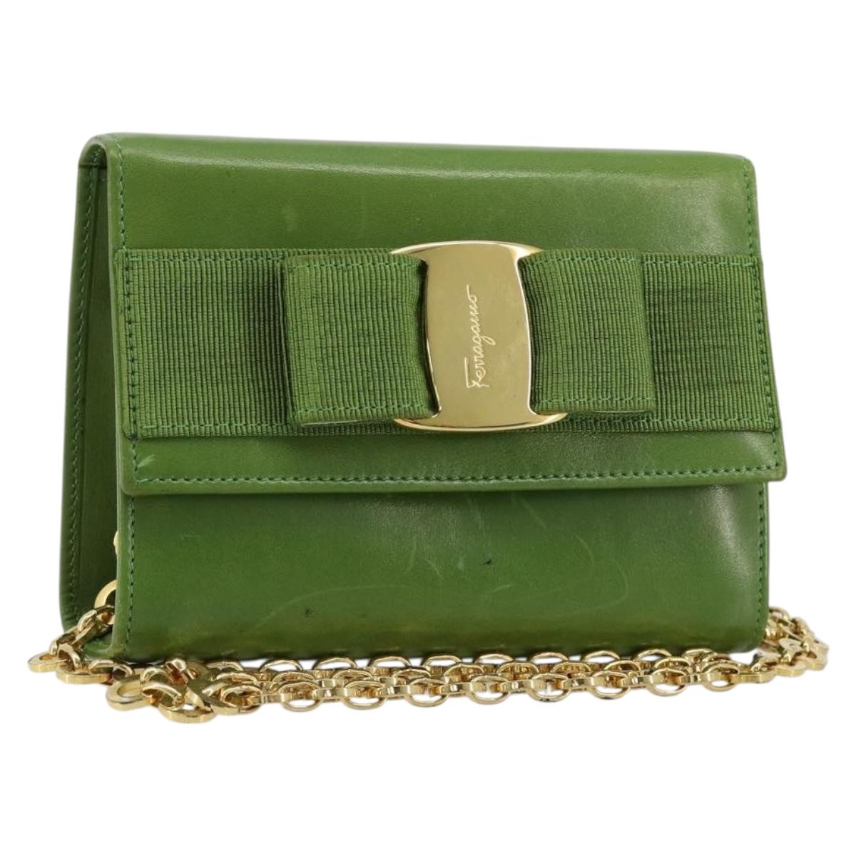 Salvatore Ferragamo Vara Ribbon Chain Bag Leather Green Gold Auth BA12890